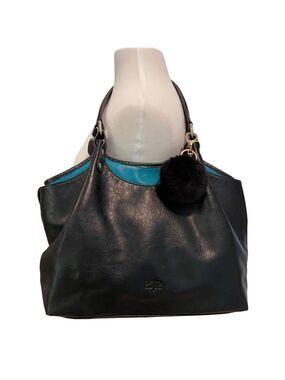 Espe Black Vegan Leather Purse Tote Bag pouch With Pom-Pom Floral Interior boho